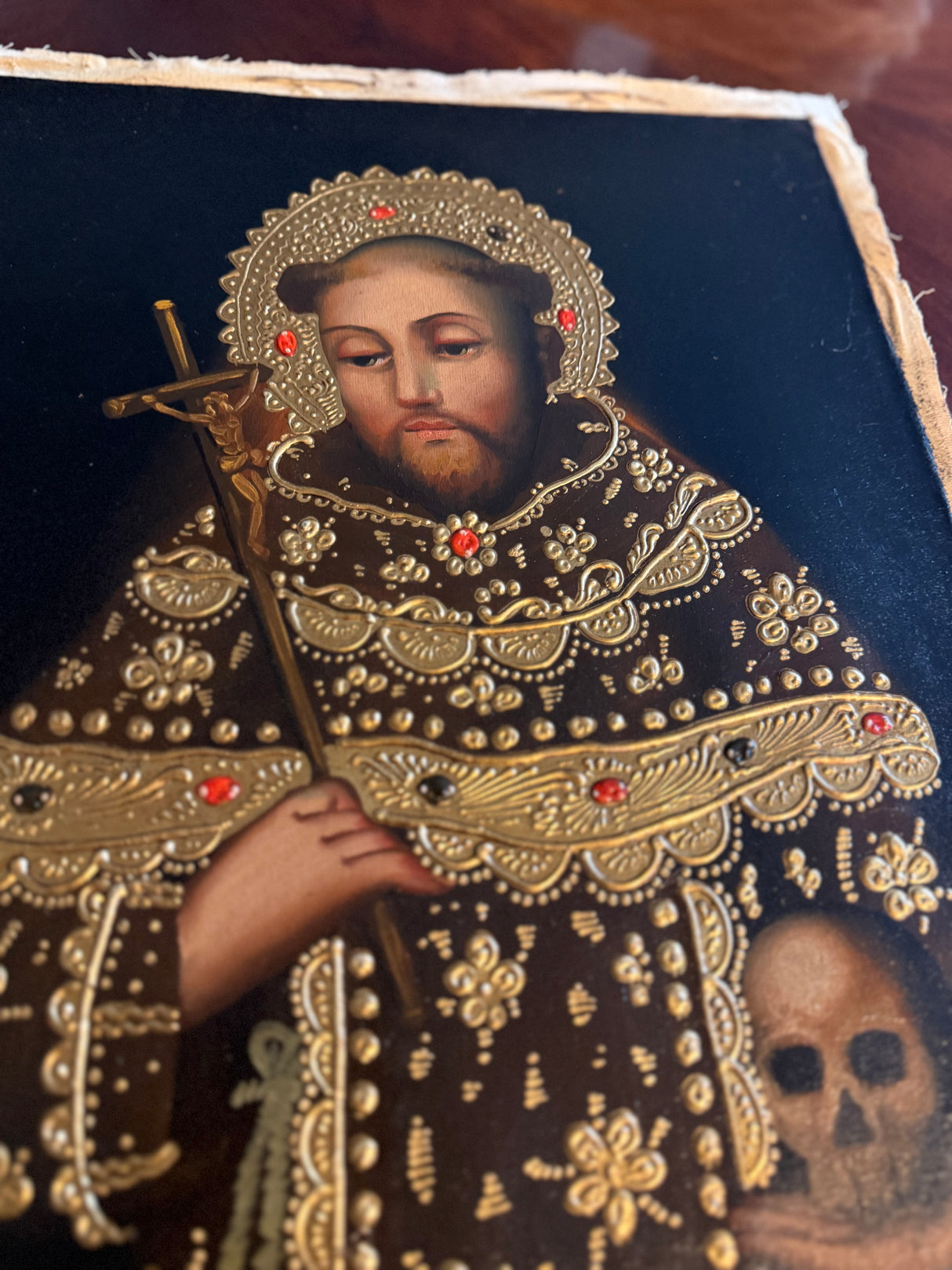12×16 hand-painted Cusco School artwork of Saint John of the Cross. Rich gold detailing and devotional symbolism. Perfect for prayer rooms and Catholic homes.