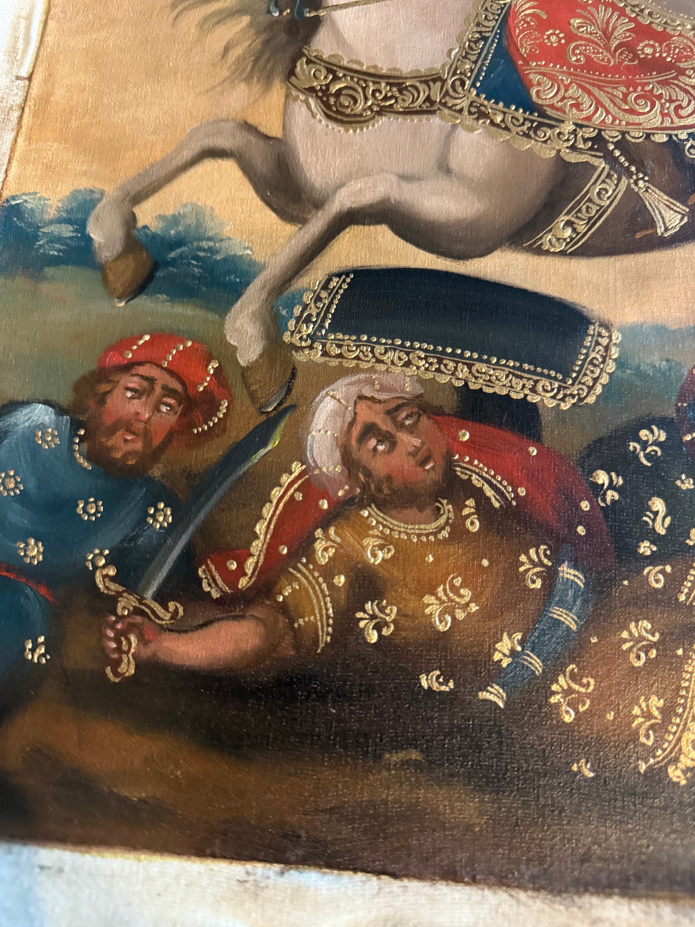 Detail of Saint James with sword in Cusco-style painting