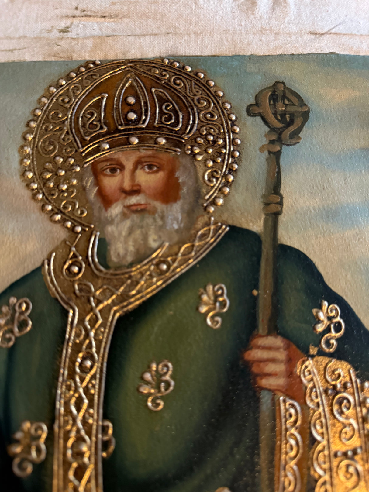 Saint Patrick painting with crosier and blessing gesture