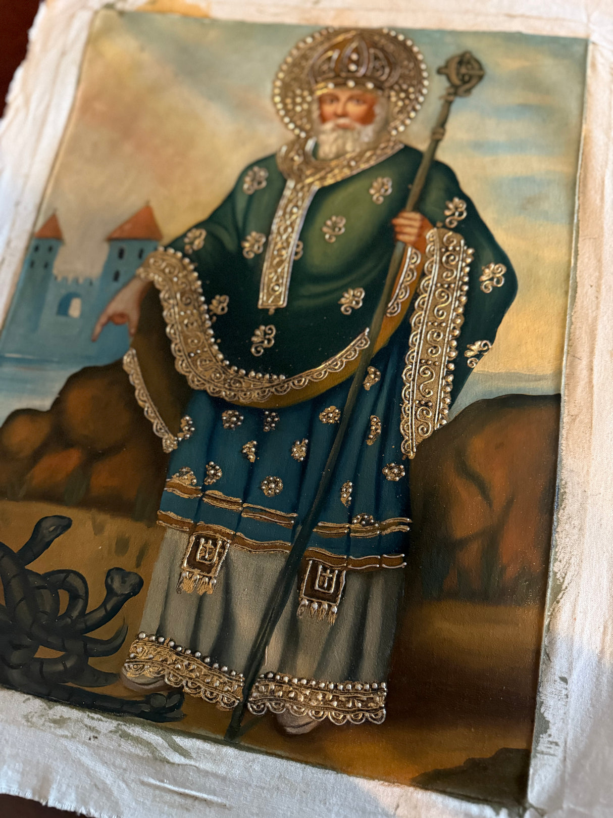 Saint Patrick hand-painted Cusco School oil painting 12×16