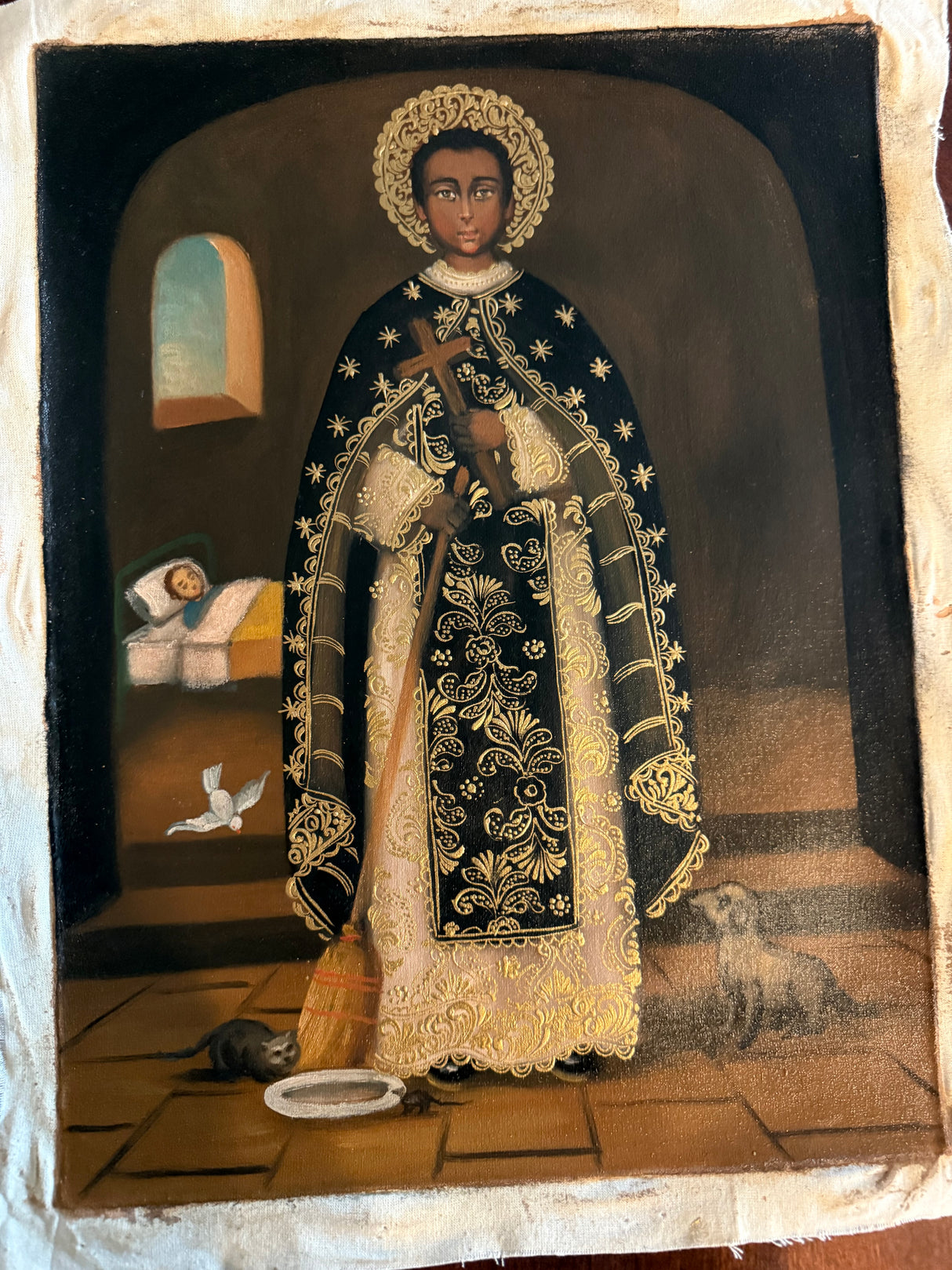 Hand-painted Saint Martin de Porres Cusco School painting