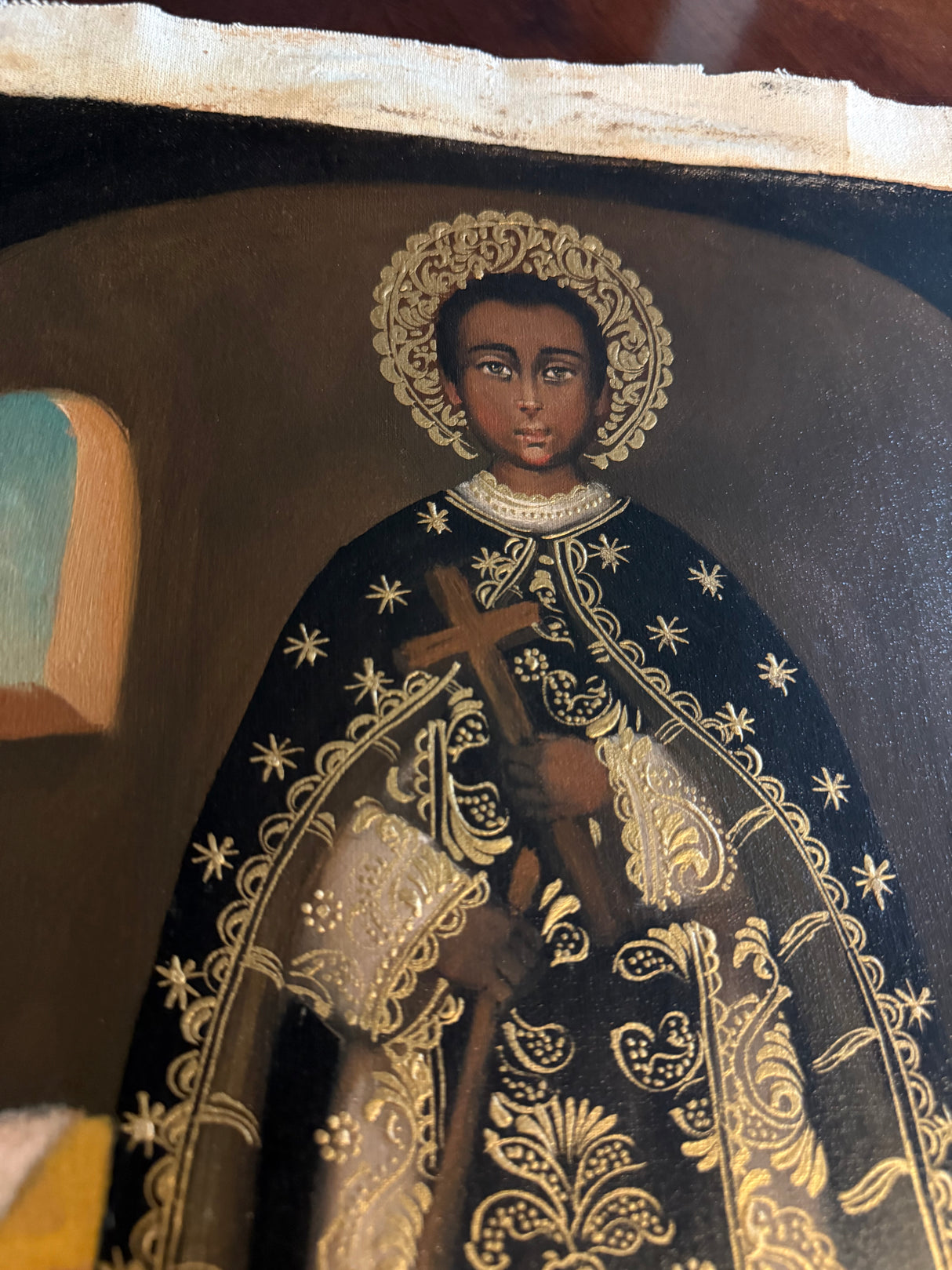 Close-up of Saint Martin de Porres Peruvian sacred art
