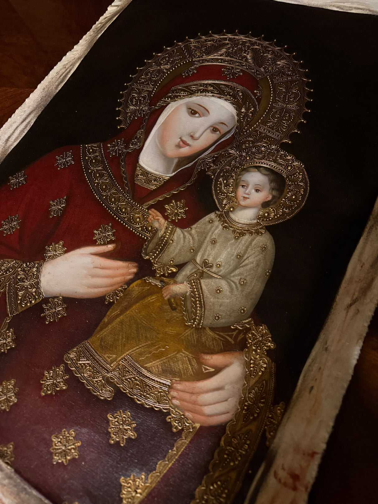 Close-up of Peruvian Madonna and Child sacred art