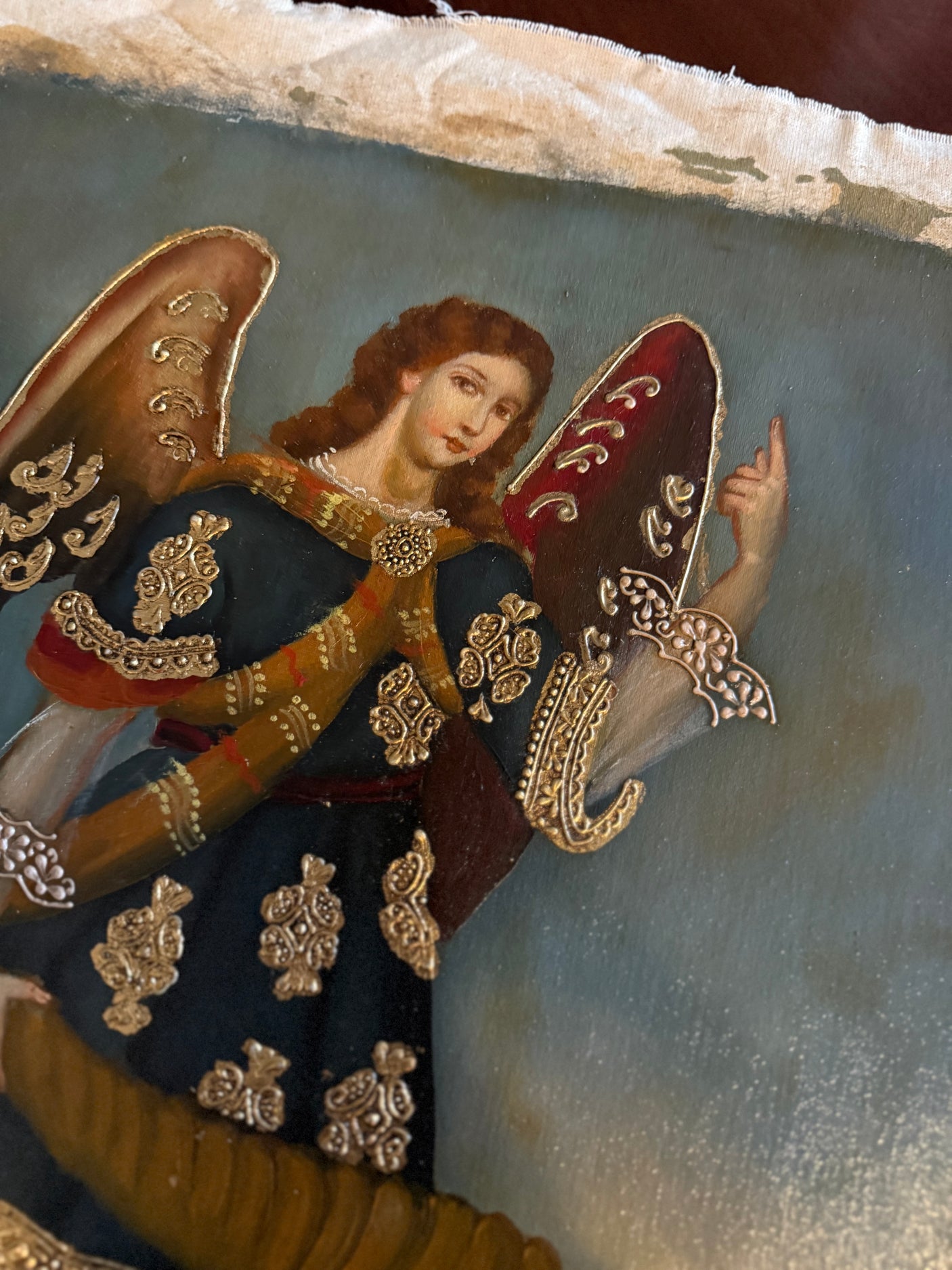 Hand-painted Andean Baroque style angel artwork