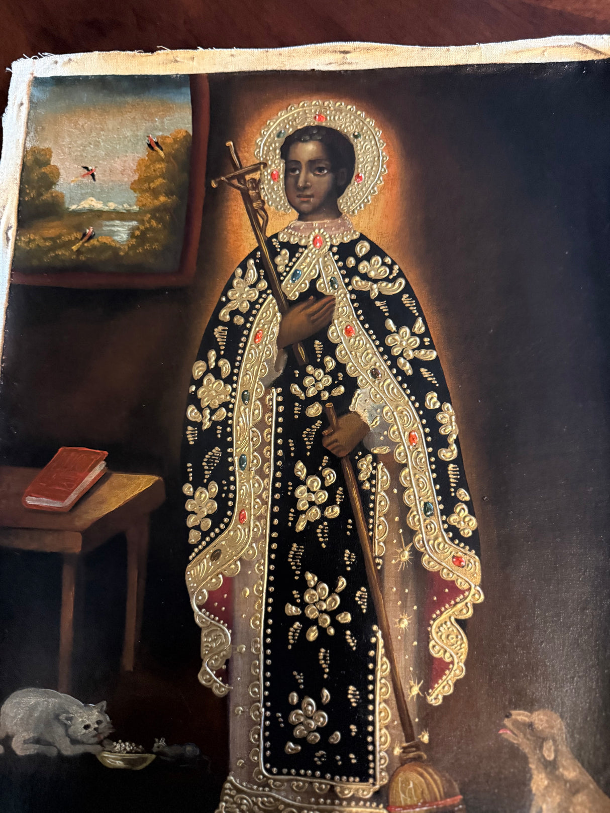 Hand-painted Saint Martin de Porres artwork 12x16 Cusco 