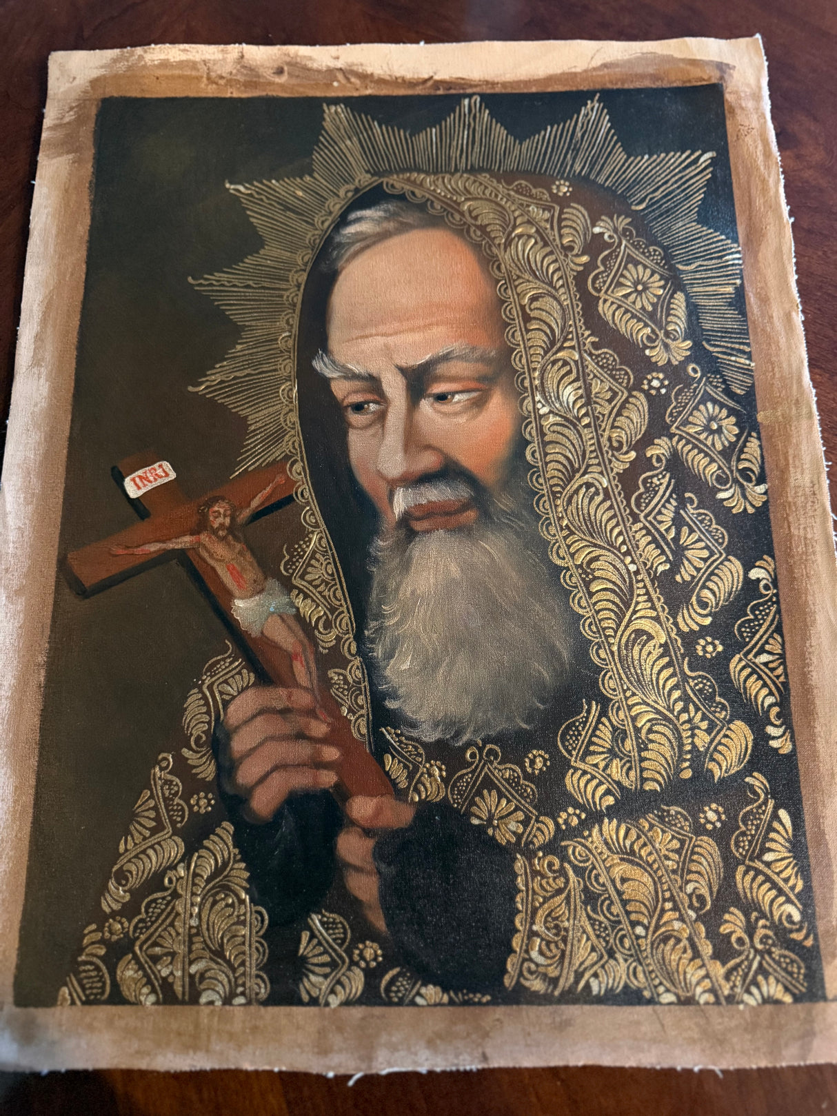 Hand-painted oil portrait of Saint Padre Pio with crucifix