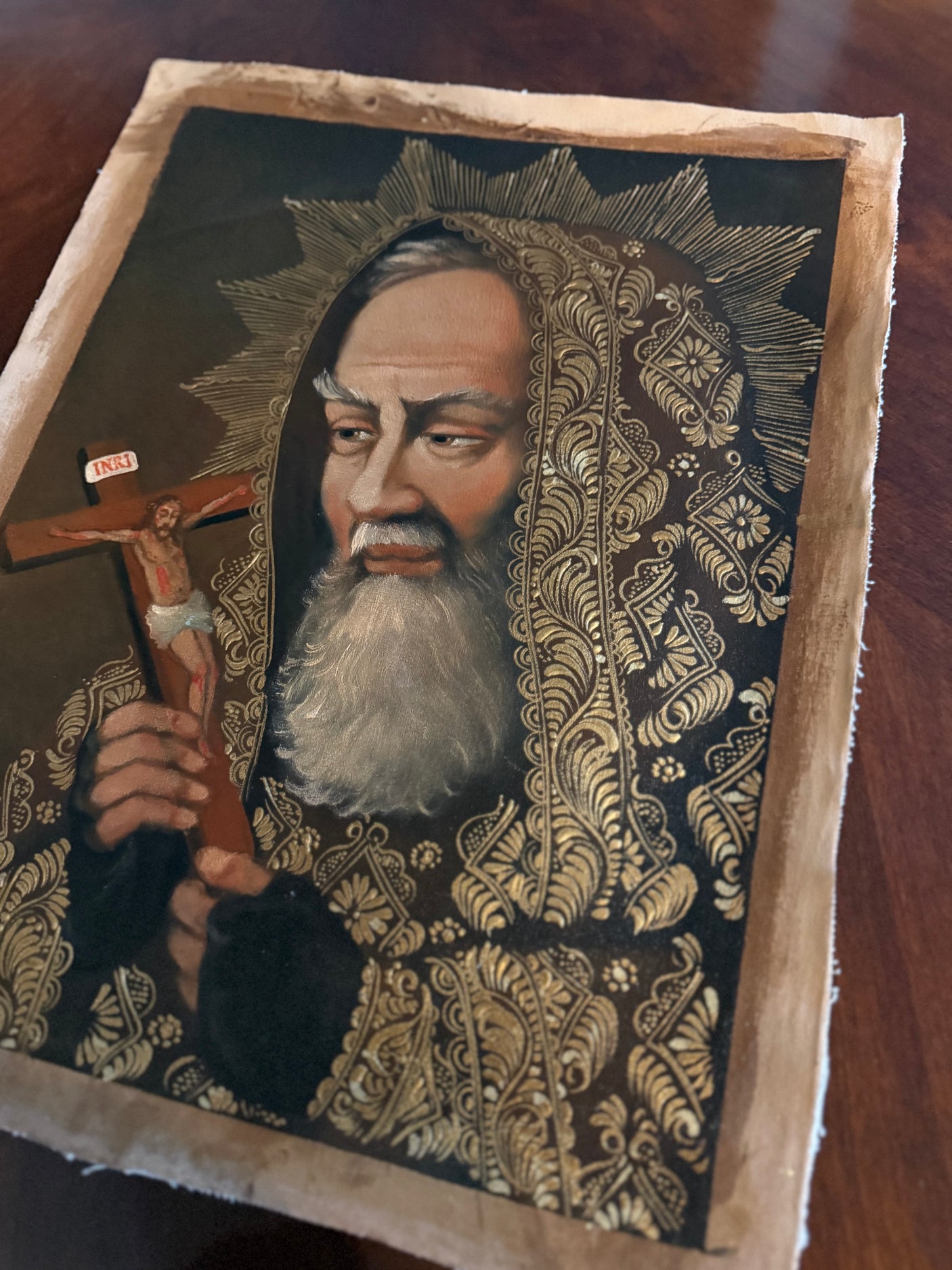 Hand-painted oil portrait of Saint Padre Pio with crucifix