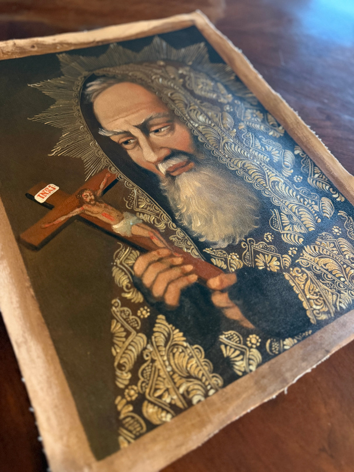 Hand-painted oil portrait of Saint Padre Pio with crucifix