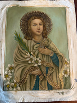 Hand-painted Cusco School artwork of Saint Maria Goretti holding lilies