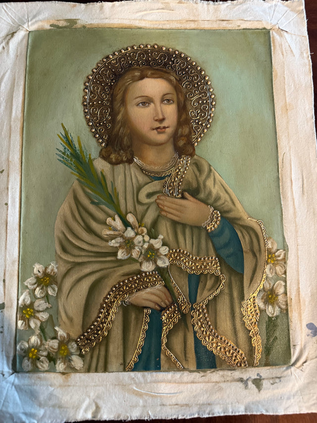 Hand-painted Cusco School artwork of Saint Maria Goretti holding lilies
