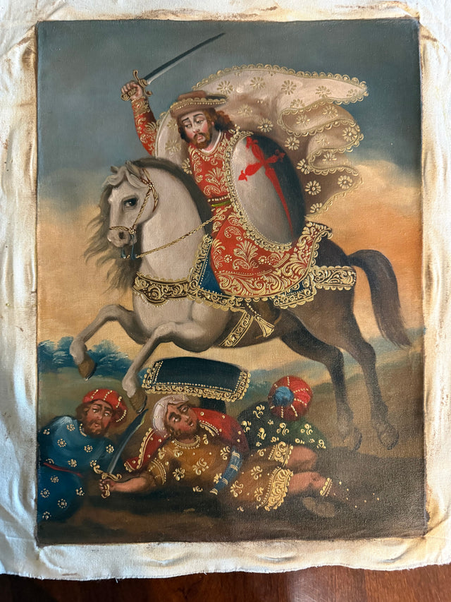 Cusco School hand-painted oil painting of Saint James on horseback