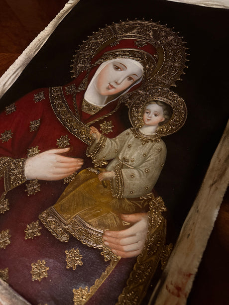Close-up of Peruvian Madonna and Child sacred art